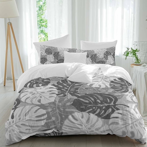 Gray Monstera Leaves 4 piece Duvet Cover Set, Comfort Bedding Set Twin Size Include a Duvet Cover, a Bed Sheet, 2 Pillowcase with Zipper for All Season