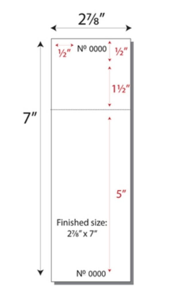 Print-Ready Numbered Ticket Sheets, 7" x 8-1/2", 3 Tickets Per Sheet, Perfed Stubs and Consec Numbers, Ticket Size: 2-7/8" x 7" on White 65lb Cover - 250 Sheets (750 Tickets)
