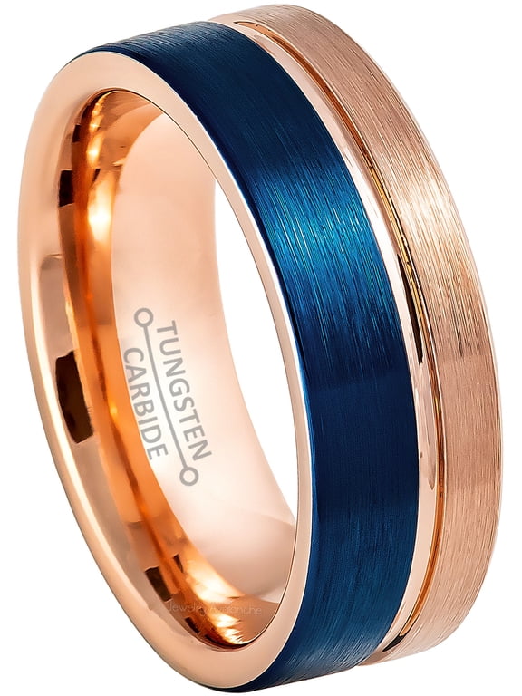 Mens Pipe Cut Tungsten Wedding Ring Blue & Rose Gold IP Plated Tungsten Carbide Anniversary Band - #878s15