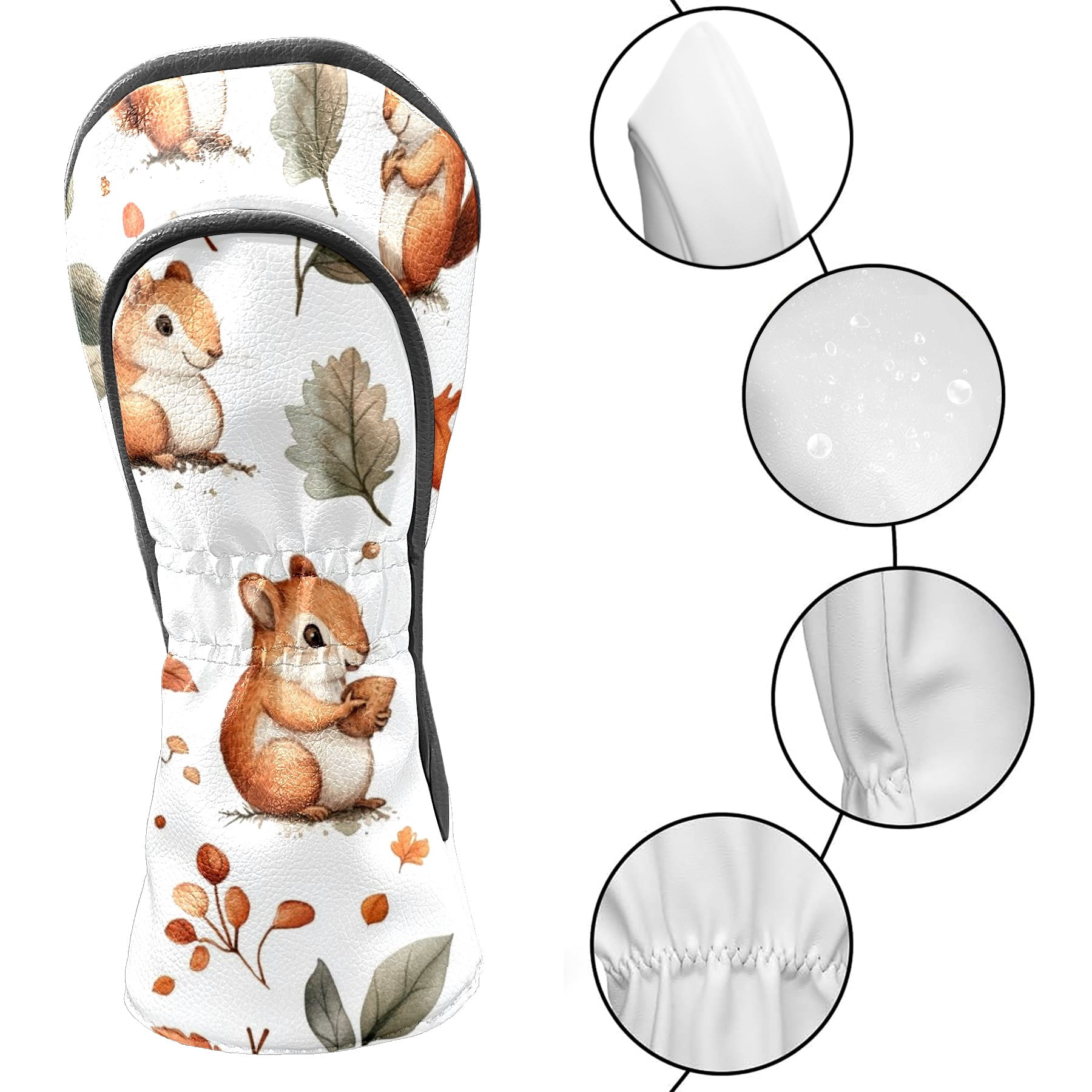 Golf Head Covers Squirrel & Pine Cones Design for Driver, Wood & Hybrid, Premium Waterproof PU Leather with Plush Lining, Forest Themed Golf Gifts