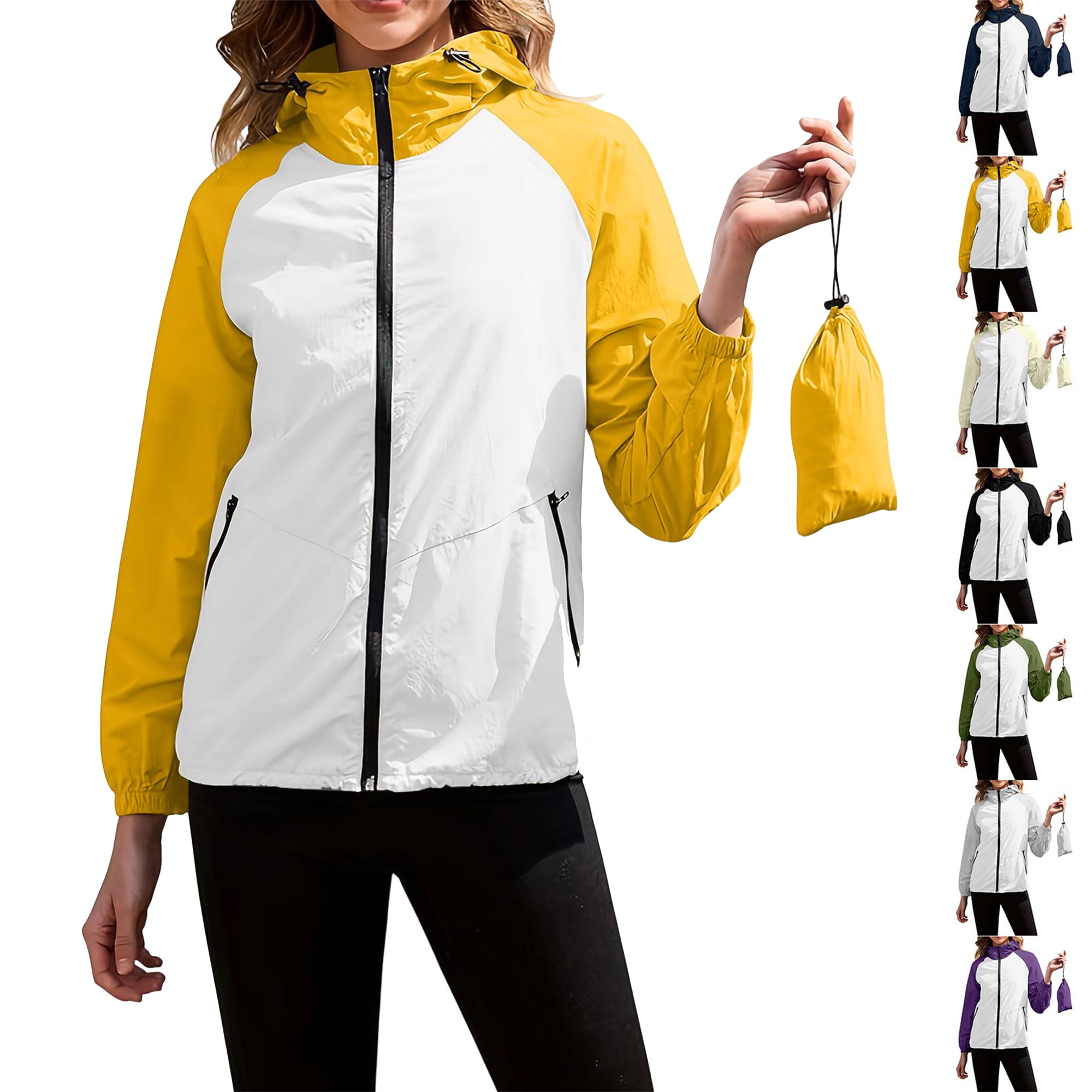 Plus Size Rain Jackets For Women Long-Sleeve Windproof Color-Block Casual Hooded Zip-Up Jacket Water-Repellent Hood for Biking Running Golf