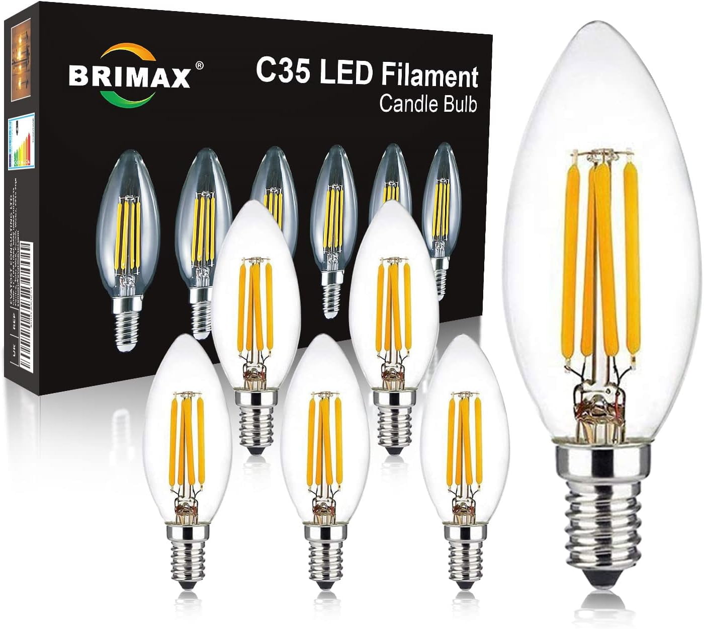 FEFEFW-4W E12 Candelabra Led Bulbs Dimmable, 40 Watt Equivalent, 2700K Warm Glow, C35 B11 Filament Led Candle Light Bulbs for Foyer Chandeliers, Celling Fans and Other Wall Fixtures, 6Pack
