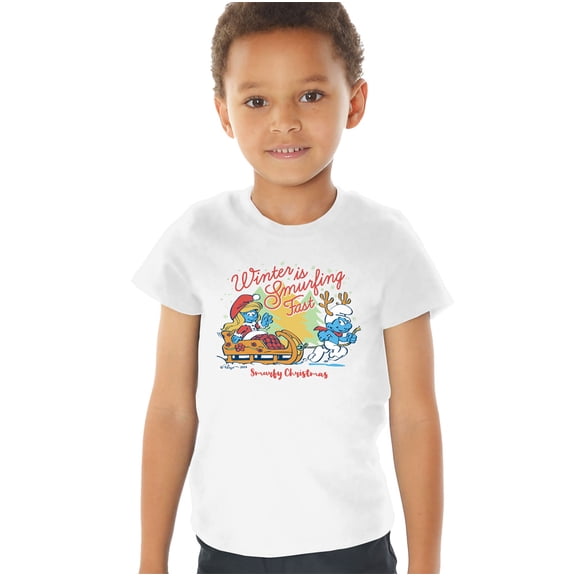 Smurfs Christmas Winter Is Smurfing Fast Smurfette Kids T Shirt (4) for Toddler Boys and Girls, White
