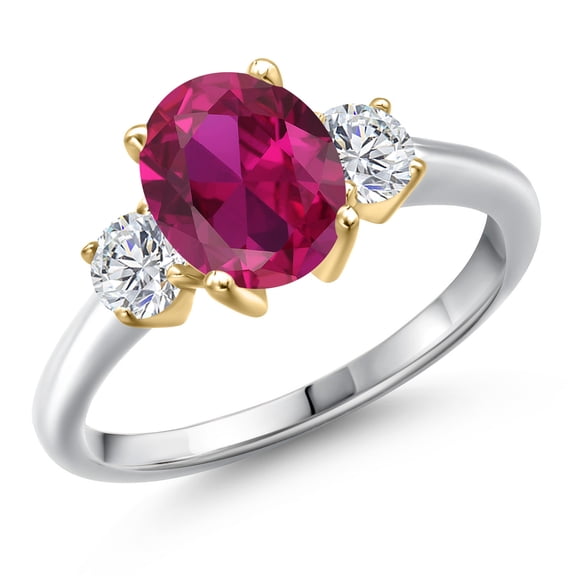 Gem Stone King 10K Two Tone Gold Red Created Ruby and Lab Grown Diamond Engagement Ring for Women | 2.54 Cttw | Oval 9X7MM | Gemstone July Birthstone | Size 7