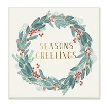 Stupell Industries Winter Foliage Red Holly Wreath Season's Greetings Typography Botanical & Floral Painting Unframed Art Print Wall Art, 12 x 12