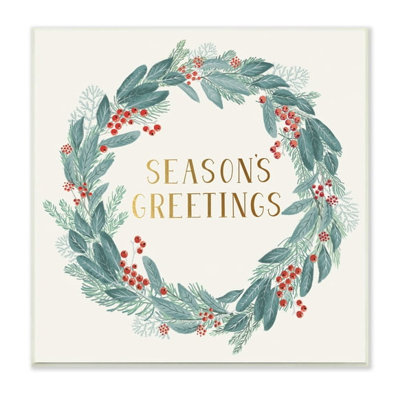 Stupell Industries Winter Foliage Red Holly Wreath Season's Greetings Typography Botanical & Floral Painting Unframed Art Print Wall Art, 12 x 12