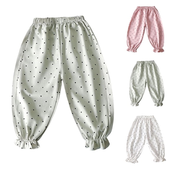 Toddler Girls Polka Dot Mosquito Repellent Pants, 12M-13Y Kids Cute Ruffle Trim Lantern Pants Elastic Waist Loose Fit Casual Long Trousers White 12 Months