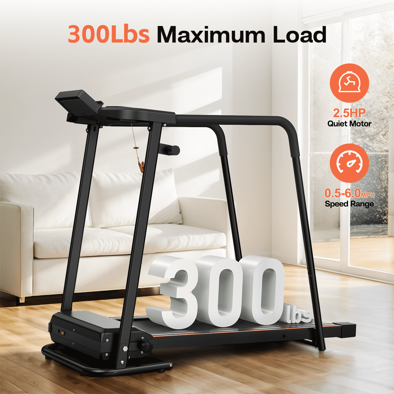 FLIMDER Foldable Treadmill for Senior, 2 in 1 Folding Exercise Treadmill with Long Handrail, 300 lbs Capacity 0.5-6 MPH