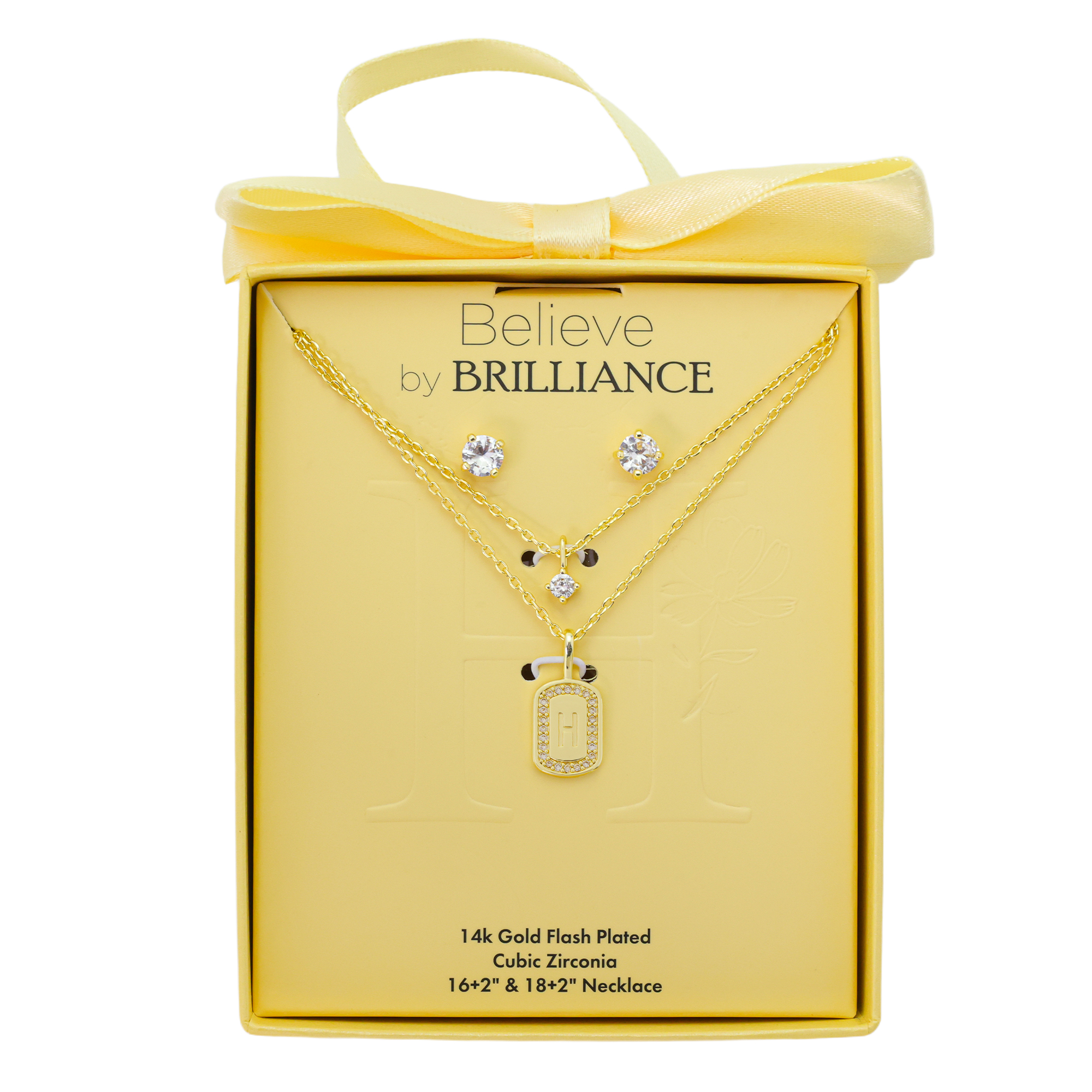 Believe by Brilliance Women's 14Kt Gold Flash Plated Cubic Zirconia Double Layer Tag "H" Necklace and Earring Set