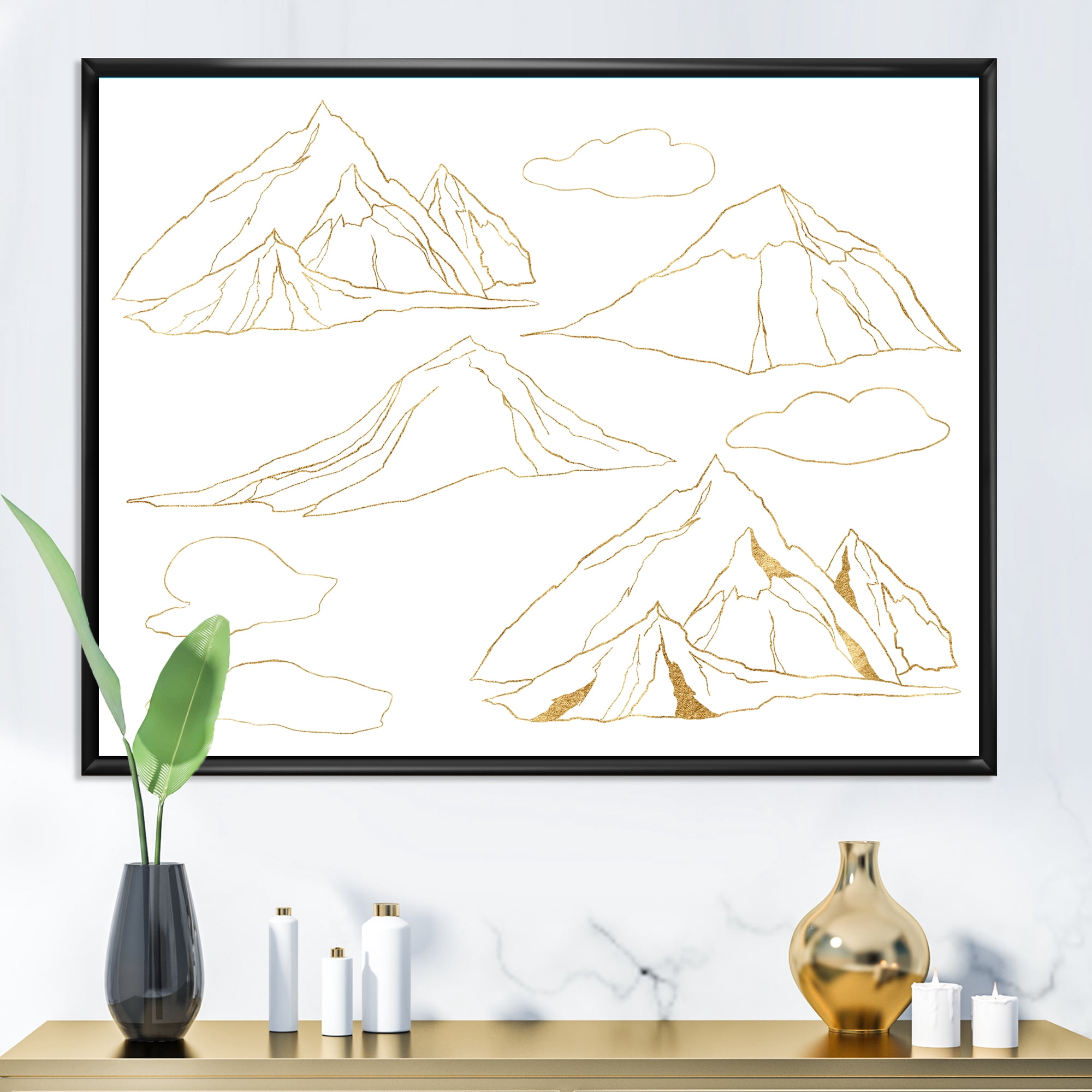 Minimalistic Gold Linear Set Of Clouds and Mountains 40 in x 30 in Framed Painting Canvas Art Print, by Designart