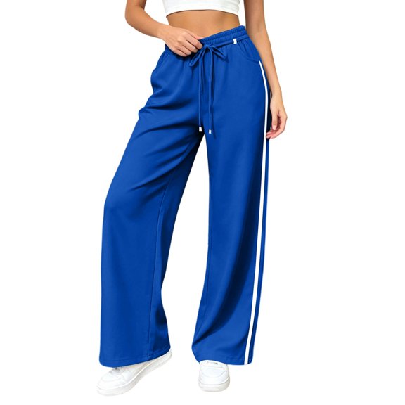 RUTAYY Women's Wide Leg Pants Drawstring Elastic Waist Vertical Side Stripe Side Pockets Casual Sports Comfortable Long Trousers, Blue