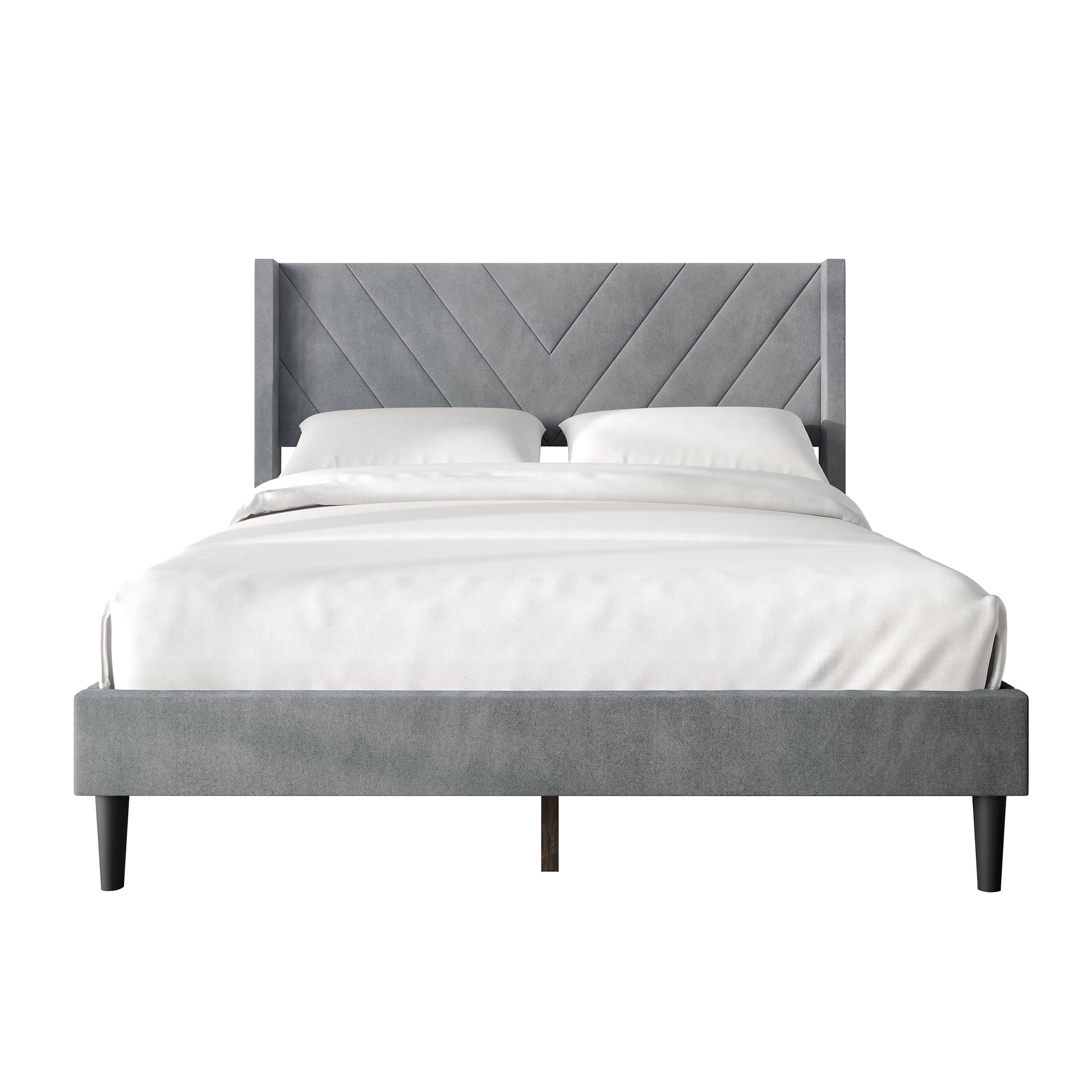 Castle Place Sophisticated Wingback Velvet Upholstered Queen Platform Bed, Light Grey