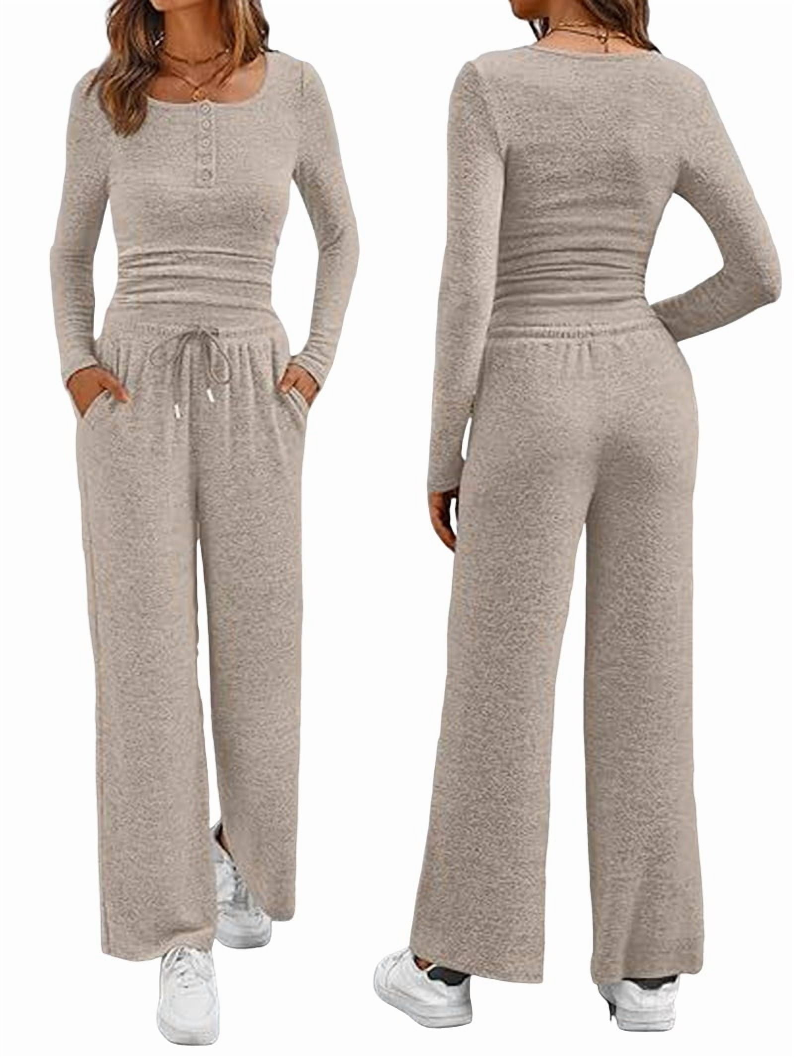 Trendy Queen Women’s 2-Piece Lounge Set – Long Sleeve Henley Crop Top & Wide Leg Pants, Rayon Blend