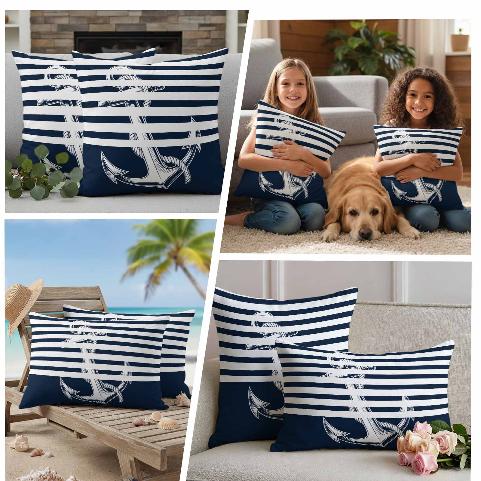 Navy Blue Anchor Outdoor Waterproof Pillow Covers, Nautical Coastal Abstract Art Decorative Square Throw Pillowcase Sofa Cushion Sham for Patio/Couch/Chair, 20"x20" 2 Pack