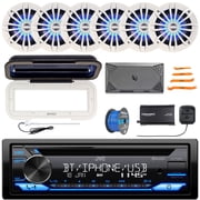 JVC KD-T720BT Single DIN Bluetooth USB/AUX CD Player AM/FM Car Stereo Receiver W/White Cover, 6x 6.5" Blue LED Speakers, Amp, Satellite Vehicle Tuner Kit, Antenna, Wire, 4-Piece Removal Pry Tool Set