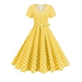 thumbnail image 2 of Uaswgudfs ​Women's Casual Short Sleeve V-Neck Midi Dress​ - Summer A-Line Design with Belted Bow & Polka Dot Grid Pattern, Everyday Wear Yellow XL, 2 of 9