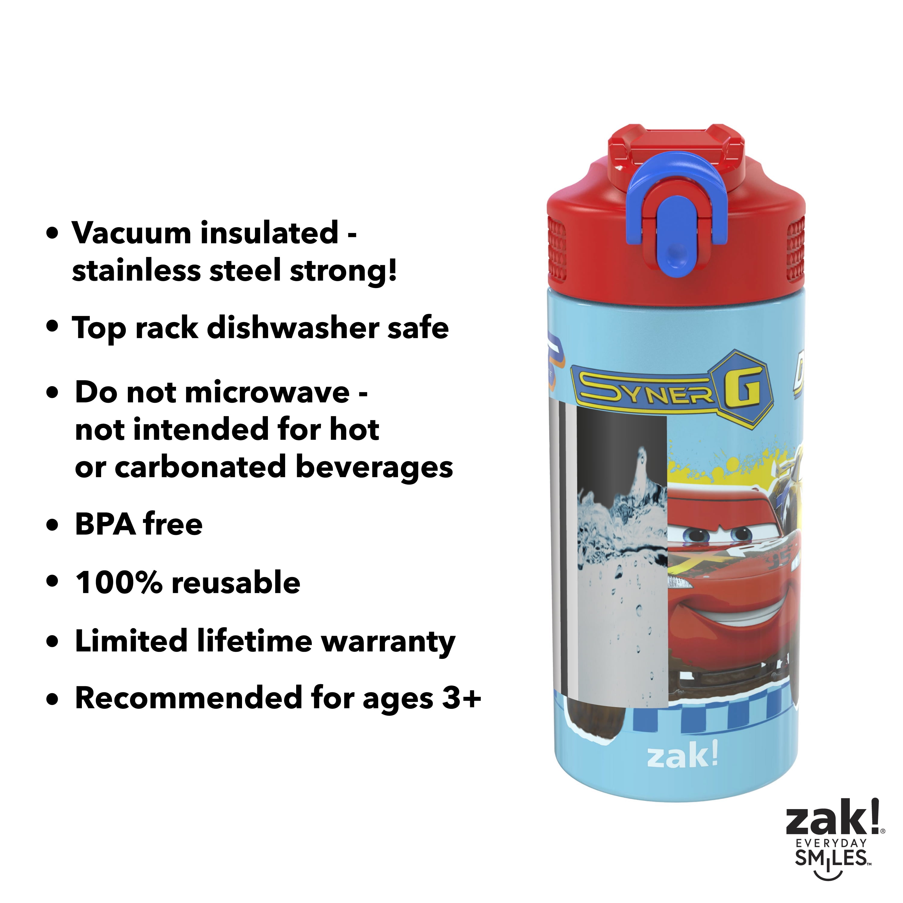 Zak Designs Disney Cars 3 - Stainless Steel Water Bottle with One  Hand Operation Action Lid and Built-in Carrying Loop, Kids Water Bottle  with Straw Spout is Perfect for Kids (15.5