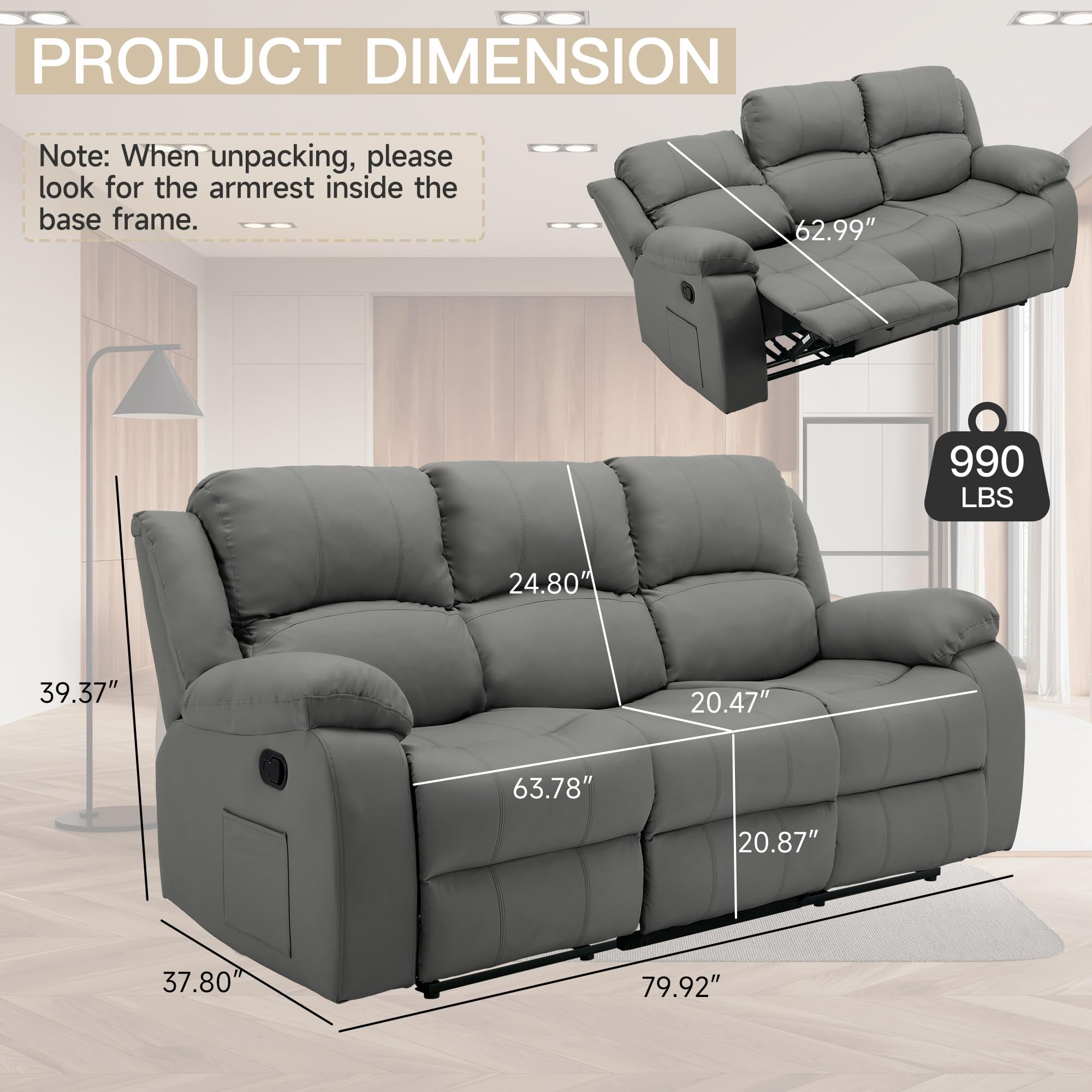 Comfortable Reclining Loveseat Sofa – Leather 3-Seater Recliner Couch for Living Room & Home Theater Seating (Grey)
