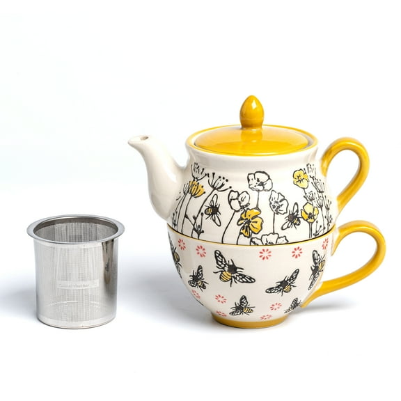 Taimei Teatime Tea Set for Adults, 15oz Teapot with Infuser and Cup Set, Ceramic Tea for One Set with Handpainted Bee and Floral Pattern, Loose Leaf Tea Maker Set