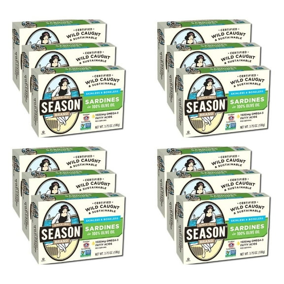 Season's Skinless and Boneless Sardines in Pure Olive Oil. Imported From Morocco 3.75oz (Pack of 12)