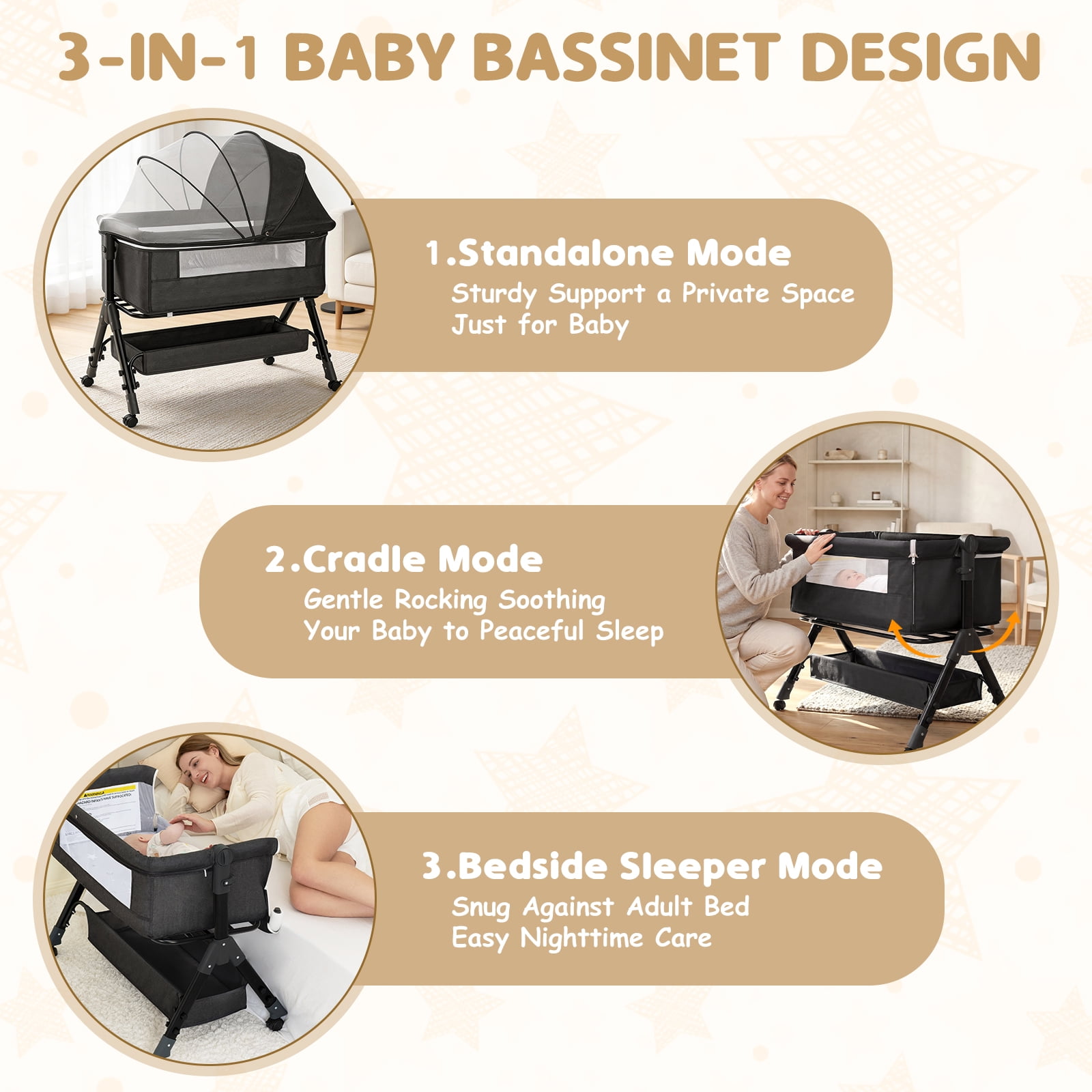 Infant Bassinet Sleeper,Single-sided Detachable 3 Adjustable-Height Bedside Beds Foldable Baby Crib,for 0-18 Months-Dark Gray