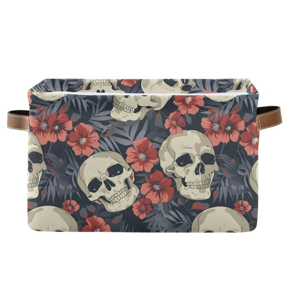 Cute Skulls and Flowers Storage Bins with Handle Fabric Organizer Basket Foldable Box 1 Pack 14.2x10.2x8.3