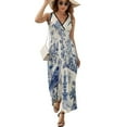 thumbnail image 2 of Blue Chinoiserie Toile Beautiful Bird Womens Night Club Maxi Dress V Neck Sleeveless Bohemia Long Dresses, 2 of 9