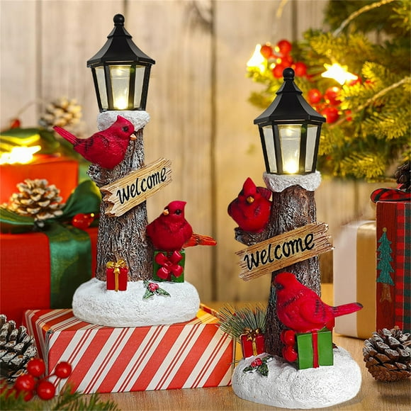 Neuvojs Christmas Desk Decor LED Luminous Resin Crafts Table Decoration, Red Bird Tree Trunk Lamp Post Decoration Table Figurine, Christmas Atmosphere Decoration Christmas Decorations