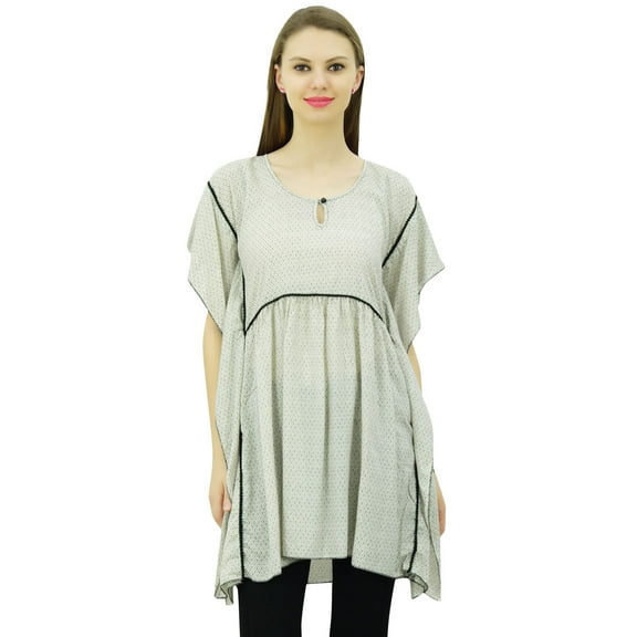 Bimba Women's Printed Pattern Loose Casual Kaftan Tunic Boho Style Top With Side Dori