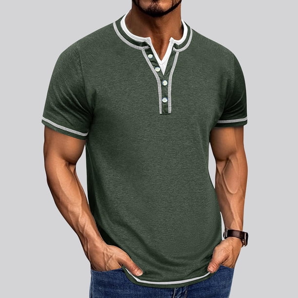 Playera Elvqul Hombre Liso Casual Negro Cuello Redondo Algodón Manga Corta Botones