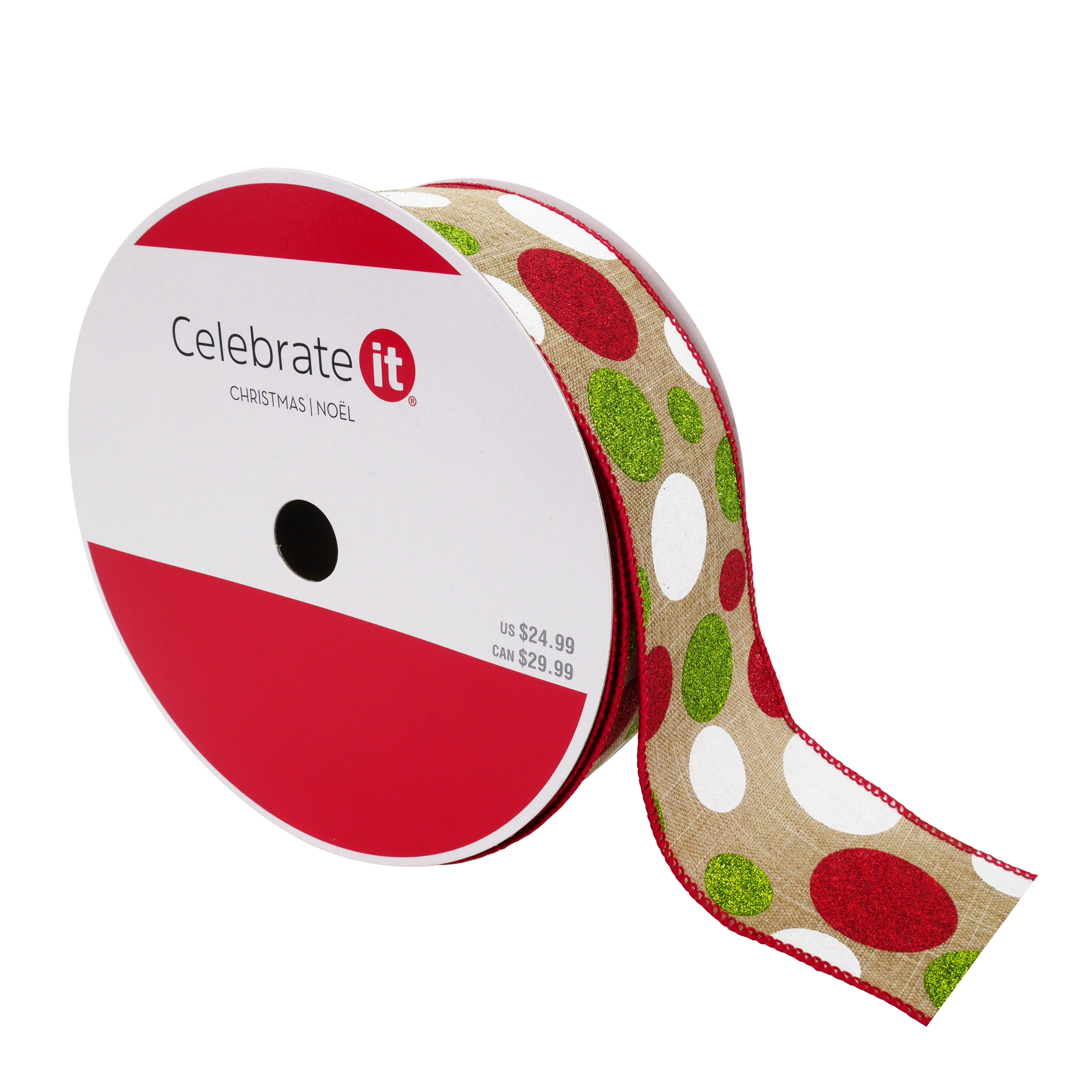 2.5" x 26.6yd. Green, Red & White Polka Dot Faux Linen Wired Ribbon by Celebrate It® Christmas - Christmas Ribbon for Home Decor and Crafting