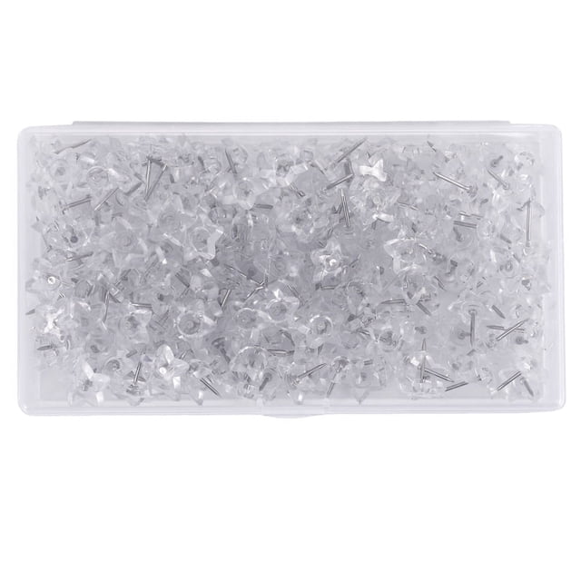 200 chinchetas decorativas de plástico transparente con forma de estrella, con caja de corcho de plástico y punta de acero.