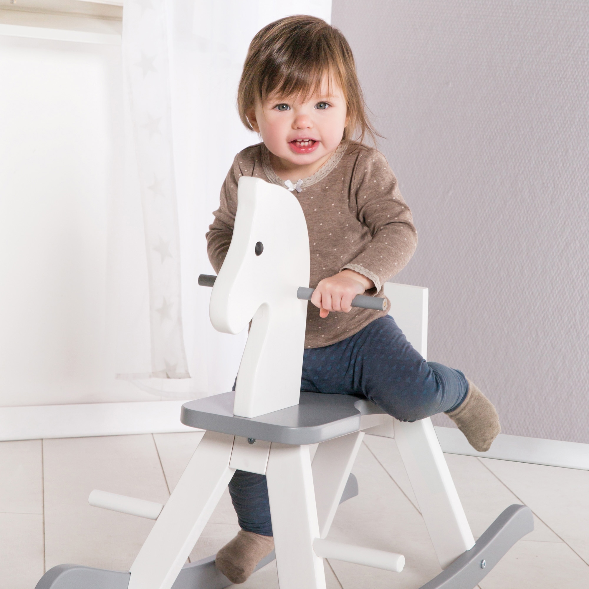 Roba Wooden Rocking Horse - White & Gray - Solid Wood Lacquered, Ride-On, Grows With the Child, Removable Protective Ring, 55 Lb Capacity, For 18+ Months