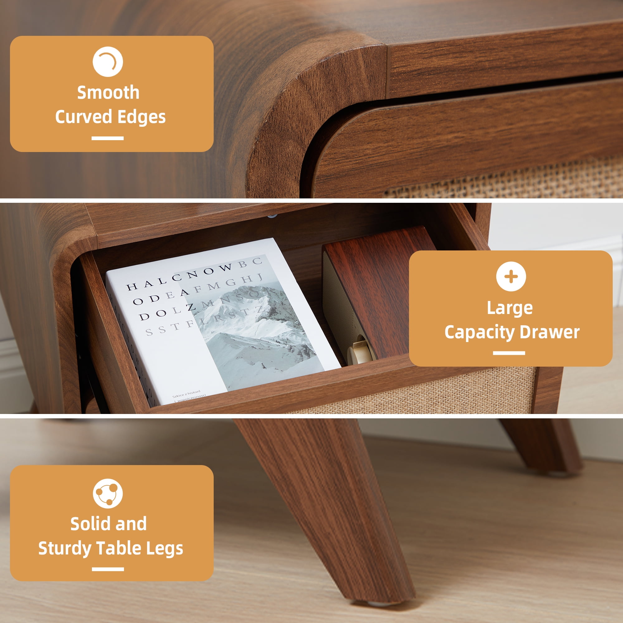 YOCWO Linen Nightstand with 2 Drawer for Bedroom, Mid Century Bedside Table with Curved Edges, Walnut, 15.75"W, 21.66"H