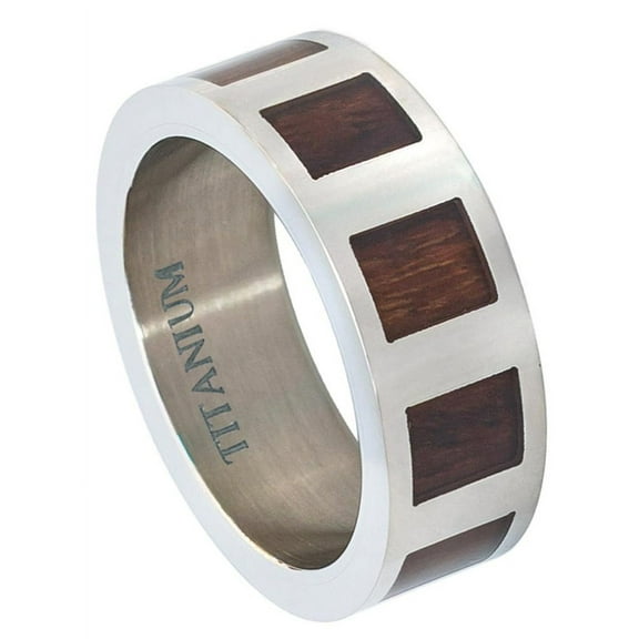 8mm Titanium Flat with Square Hawaiian Koa Rosewood Inlay Wedding Band Ring For Men Or Ladies