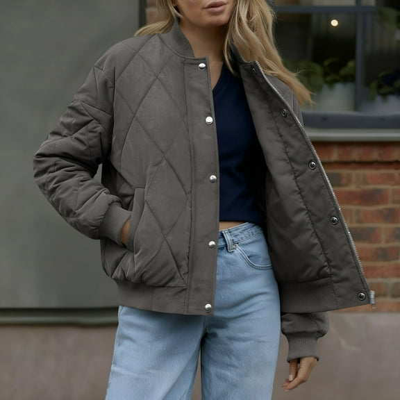 ClodeEU Women's Winter Quilted Bomber Jacket, Lightweight Loose Cropped Snap Button Coat With Pockets Dark Gray,Womens Plus XXL