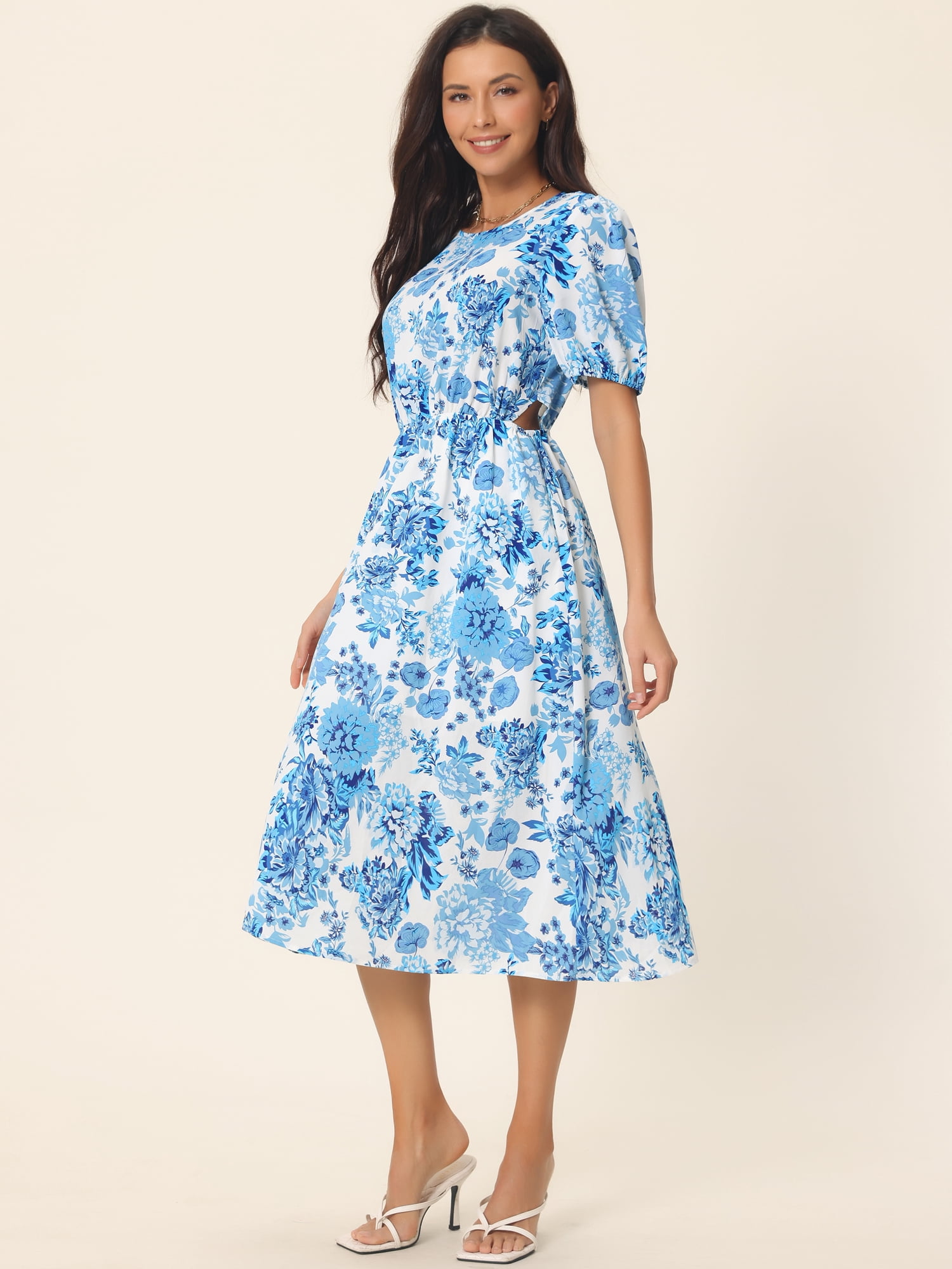 Unique Bargains Women's Puff Sleeve Waist Cutout Midi Floral Dress with Pockets S Blue
