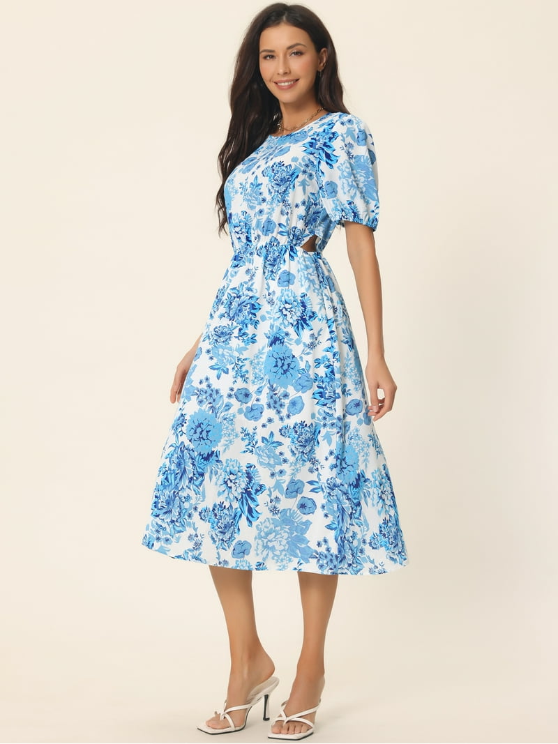 Unique Bargains Women's Puff Sleeve Waist Cutout Midi Floral Dress with  Pockets XL Blue - Walmart.com