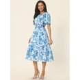 thumbnail image 3 of Unique Bargains Women's Puff Sleeve Waist Cutout Midi Floral Dress with Pockets S Blue, 3 of 6