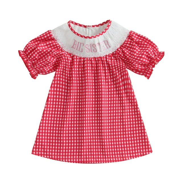 Liyamei Robe Smockée pour Filles avec Broderie Florale, Robe de Fête à Carreaux, Manches à Volants, Tenue Décontractée pour Jouer, 4-5 Ans