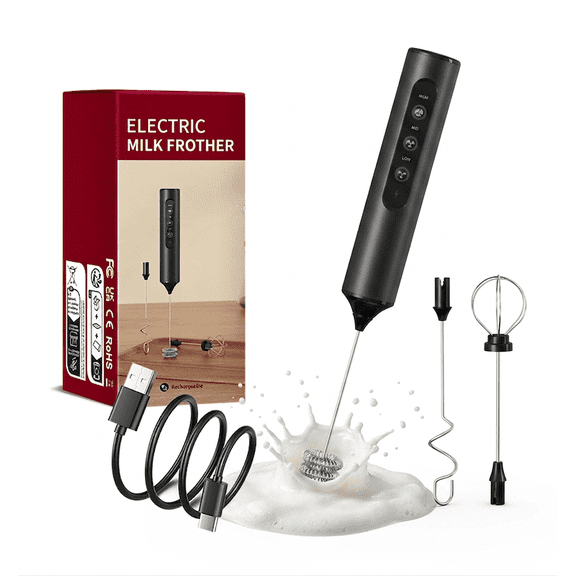 Rechargeable Handheld Milk Frother Wand with 3 Variable Speeds, 3 Whisks, Electric Drink Mixer for Coffee, Handheld Coffee Frother, Waterproof for Latte, Cappuccino, Hot Chocolate Eggs Protein Powder