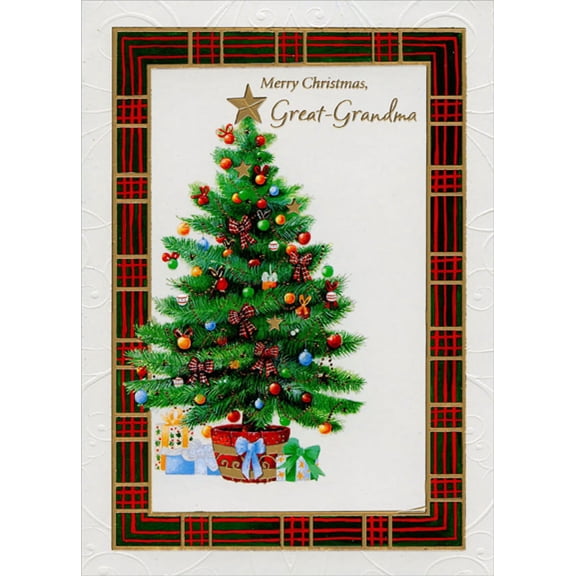 Designer Greetings Decorated Tree : Red, Green and Gold Foil Frame Great-Grandma Christmas Card