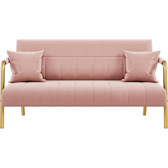 56.5" Small Sofa 2 Seater Couch w/Gold-Tone Legs, Pink Velvet Loveseat Tufted Back Gold Metal Frame 2 Pillows for Office, Studio, Living Room