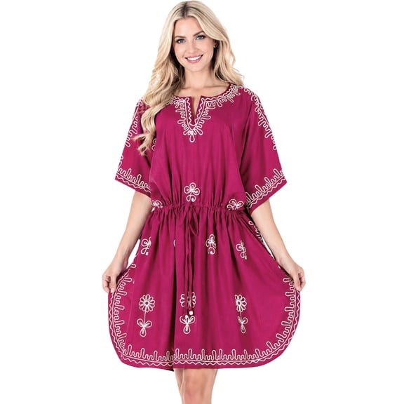 HAPPY BAY Women's Summer Loungewear Solid Casual Relaxed Caftan Knee Length Cover Up Dresses for Women 2X-3X Magenta, Floral