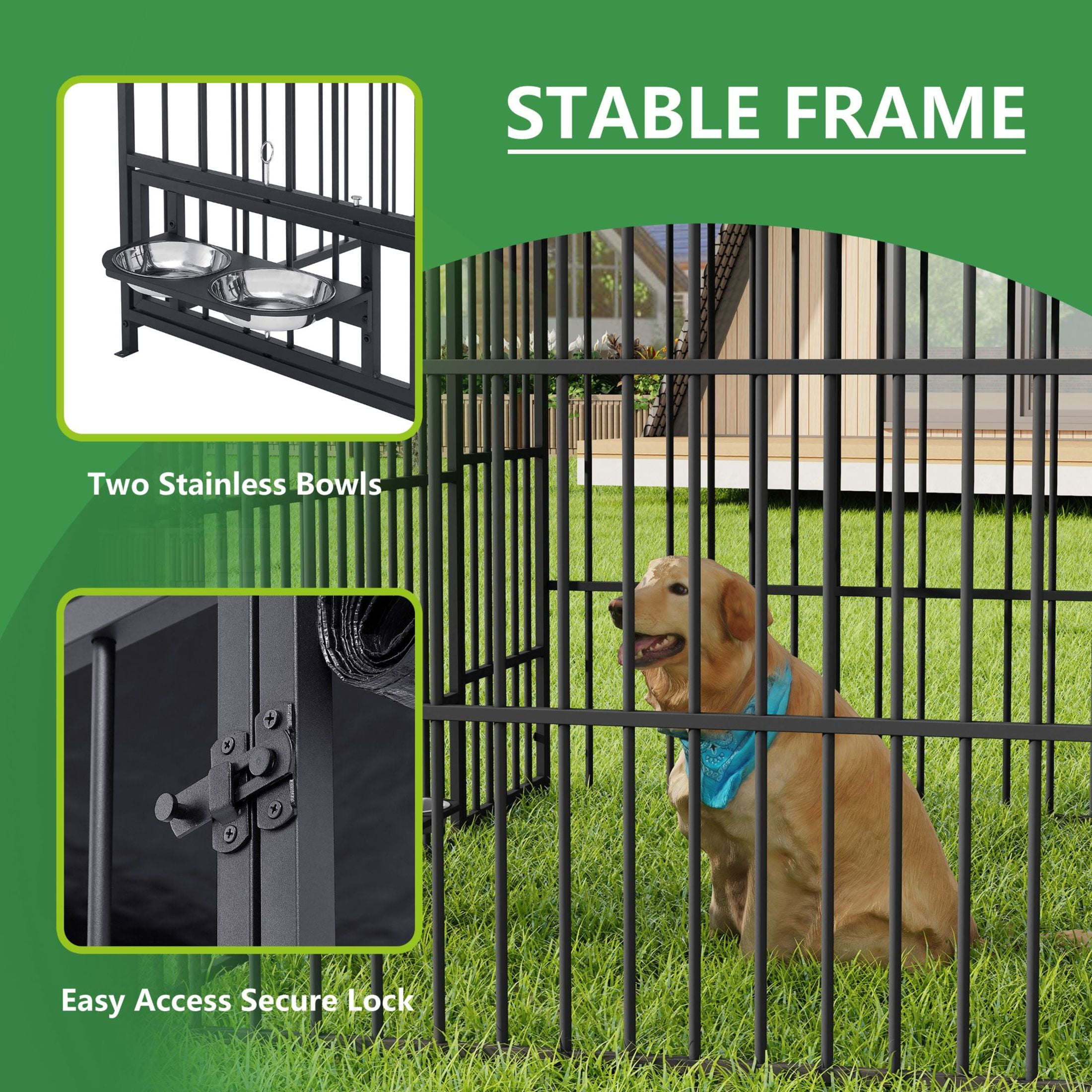 Noble House Large Outdoor Metal Dog Kennel with Roof Cover & Bowls, 6.6' x 6.6' x 6.4', Black+Gray