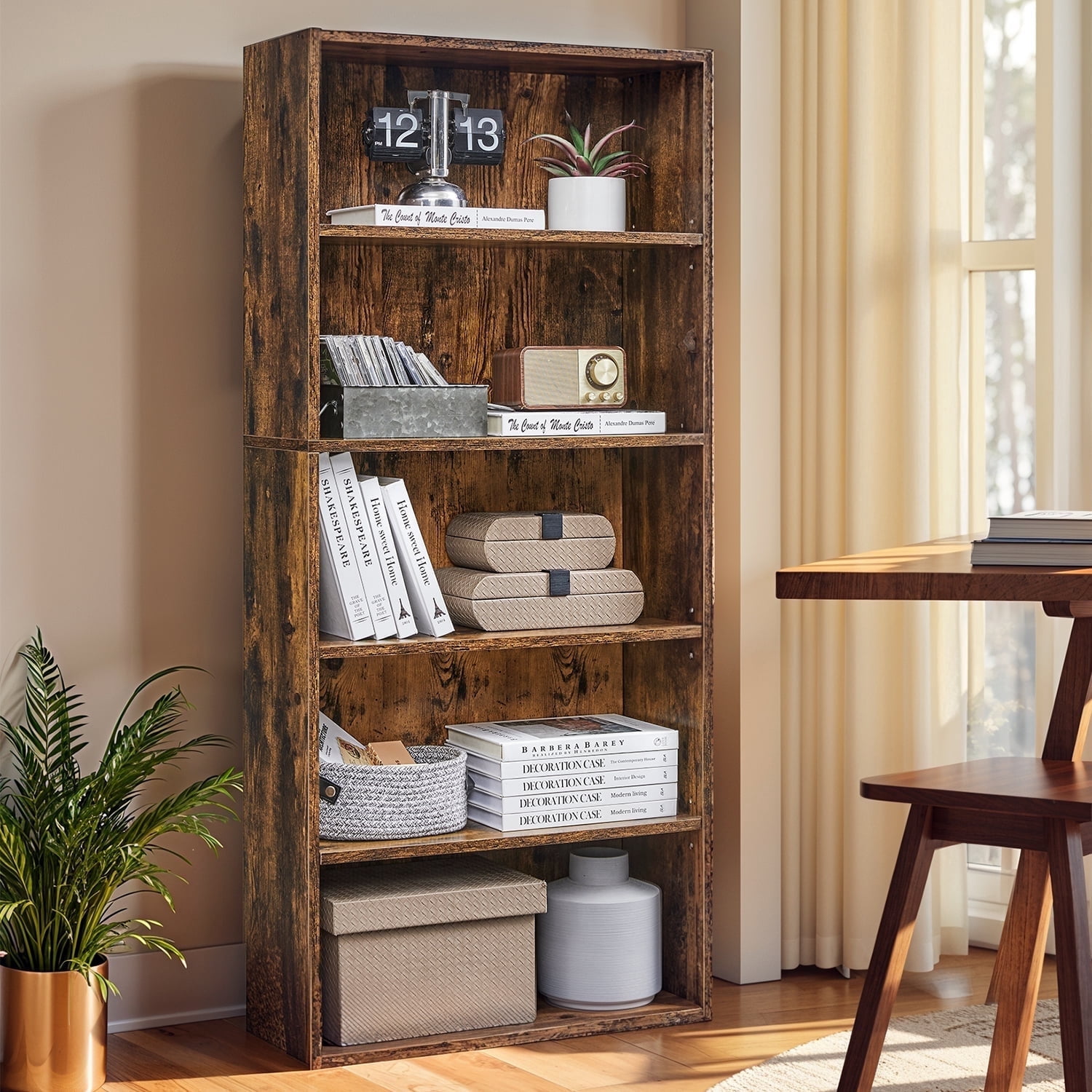 LEDREM 5-Tier Adjustable Bookcase, Open Bookshelf, Storage Shelf Organizer, 22lb Capacity per Shelf, for Home, Office Rustic Brown