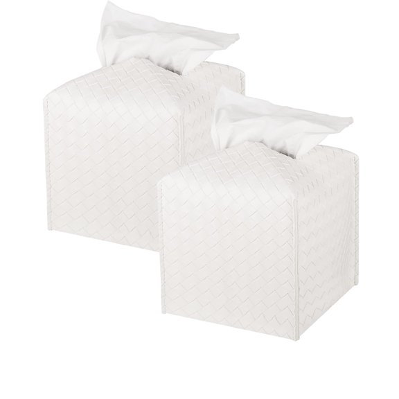 2 Pack Tissue Box Cover, Refined PU Leather Square Holder, Cube Decorative Organizer for Bathroom Vanity Countertop, Night Stands, Office Desk & Car, 5"x5"x5", White