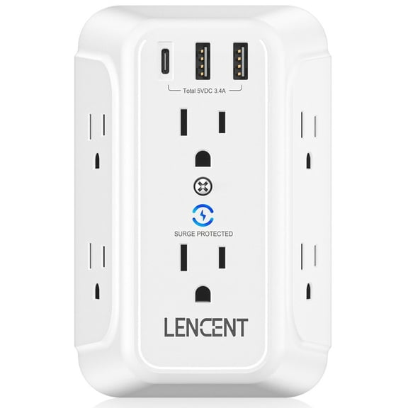 LENCENT Wall Outlet Extender,Multi usb plug 6 way outlet,2 to 3 prong outlet adapter Surge Protector with Type-C & 2 USB Ports,Electrical Outlet splitter Wall Tap for home