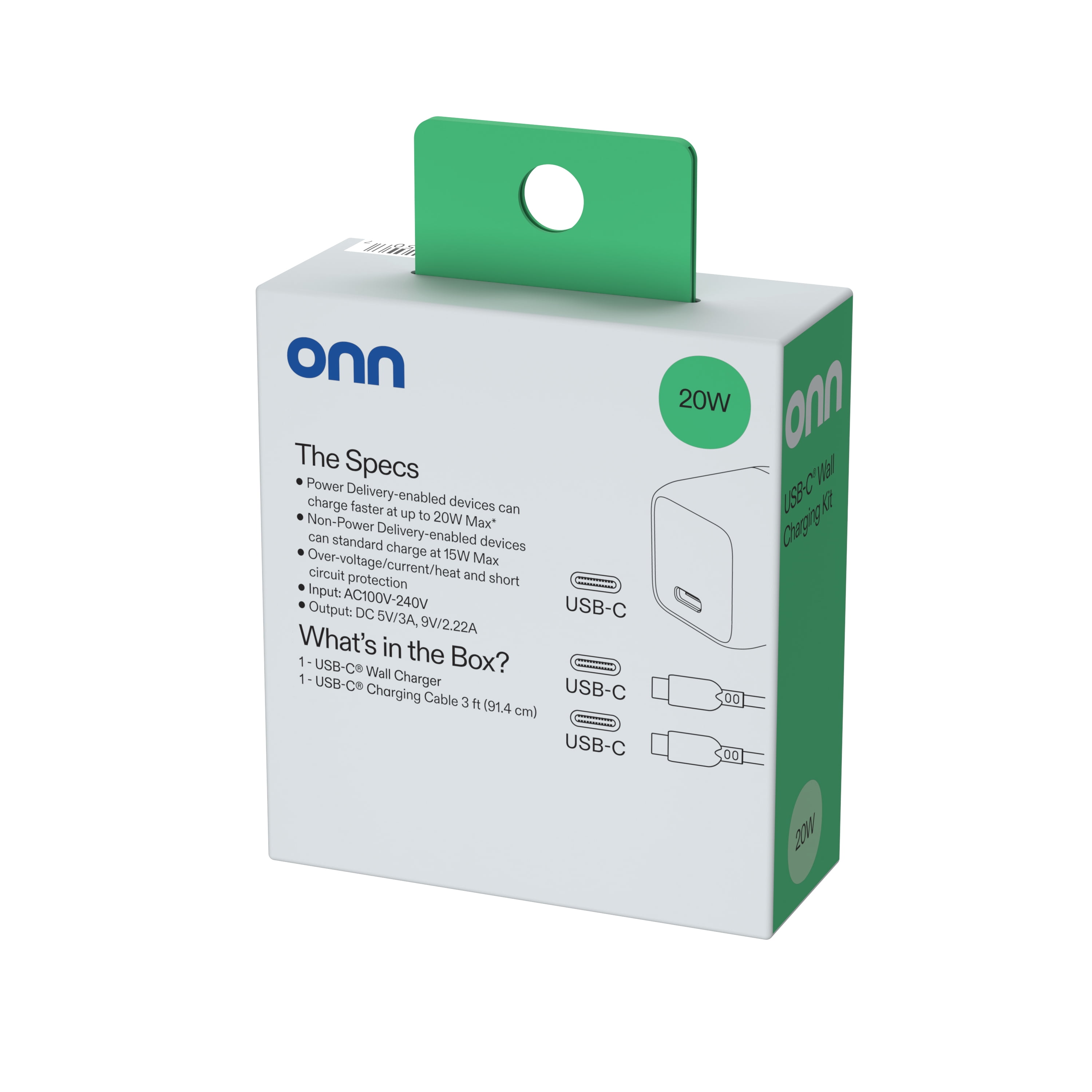 (5 pack) onn 20W Single USB-C Port Wall Fast Charger with 3ft C-C Cable, USB-IF Certified,Foldable Plug, White