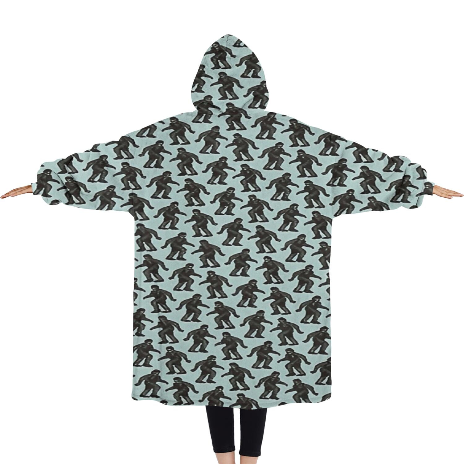 Oversized Wearable Blanket Hoodie,Blue Bigfoot Pattern Sherpa Blanket Hoodie with Super Pockets,Super Warm Fuzzy Pullover for Women & Men